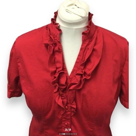Bay Studio Career Women’s Ruffled Neckline Button Down Shirt, Red, Size XL - Picture 2 of 7